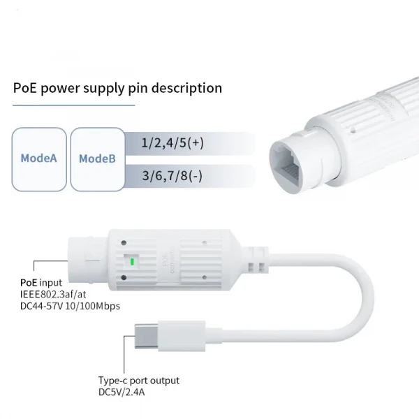 48V to 5V Water proof PoE Converter, RJ45 Port Output 5V/2A, IEEE802.3af/at for Passive 5V Devices