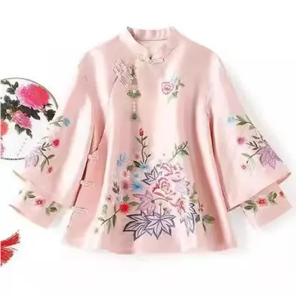 ربيع الخريف العرقية نمط تانغ دعوى معطف الرجعية التطريز زر الصينية أعلى المرأة بلوزة أنيقة فضفاضة الصينية أعلى 3126
