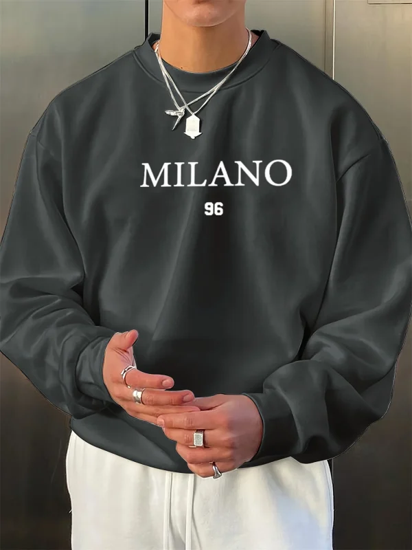 بلوفر رجالي خريفي وشتوي مخملي سميك دافئ وعصري فضفاض ميلانو 96 مطبوع برقبة دائرية وأكمام طويلة