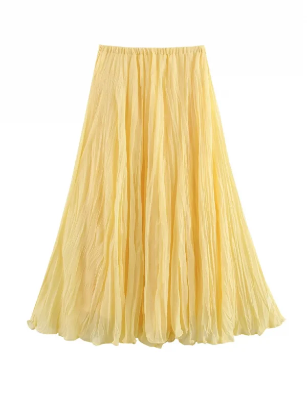 تنورة YENKYE للسيدات مجعدة على شكل حرف a ميدي باللون الأصفر والزبدة بخصر مطاطي تنانير أنيقة لعطلات الربيع والصيف جديدة 2025 faldas mujer