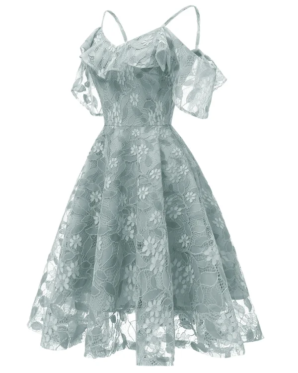 فستان نسائي صيفي أنيق بكشكش من الدانتيل المزهر باللون الواحد، كتف مكشوف، للأجازات، بأكمام كشكش، فساتين سهرة وحفلات