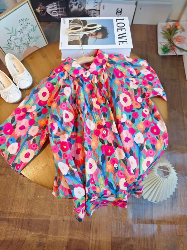 فستان للفتيات للربيع والصيف من عمر 2-8 سنوات بطباعة كاملة على شكل زهرة ورسم زيتي على شكل طية صدر السترة فستان الأميرة بصدر واحد للفتيات