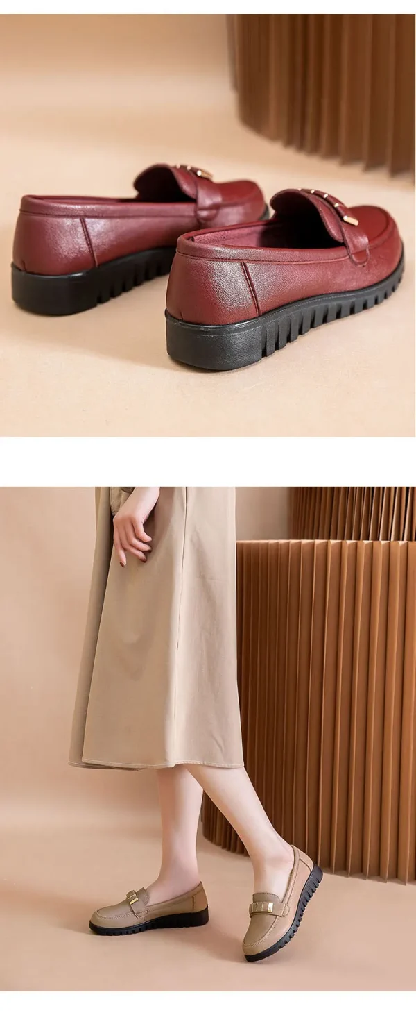أحذية نسائية مسطحة من الجلد من الألياف الدقيقة باللون الأحمر النبيذي أحذية بدون كعب للنساء لفصل الربيع أحذية بدون كعب للأمهات المسنات أحذية مسطحة مقاس كبير 42
