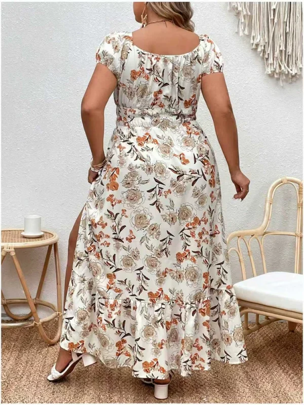 فستان نسائي طويل مقاس كبير مزين بالزهور، مرن بخصر عالٍ، فضفاض، رقبة مربعة، وأكمام منتفخة، فستان غير رسمي مناسب لجميع المواسم