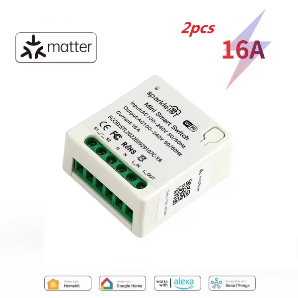 المسألة 16A واي فاي مفتاح ذكي صغير تمرير من خلال قطع الاتصال المزدوج منافذ التحكم عن بعد مؤقت تحكم عن بعد العمل مع HomeKit اليكسا