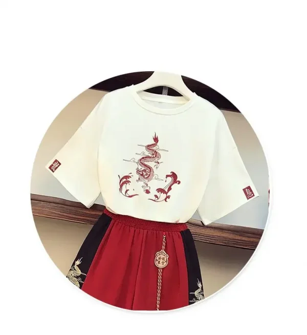 2025 جديد اليابانية Harajuku المحملة القمم النمط الصيني تانغ دعوى المرأة تي شيرت غير رسمي واسعة الساق الكونغ فو فستان أطفال مع سروال داخلي الملابس الشرقية