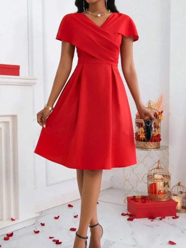 فستان ميدي لربيع وصيف للنساء أحمر بياقة على شكل V وأكمام ملفوفة من الأمام على شكل حرف a أنيق وأنيق للحفلات