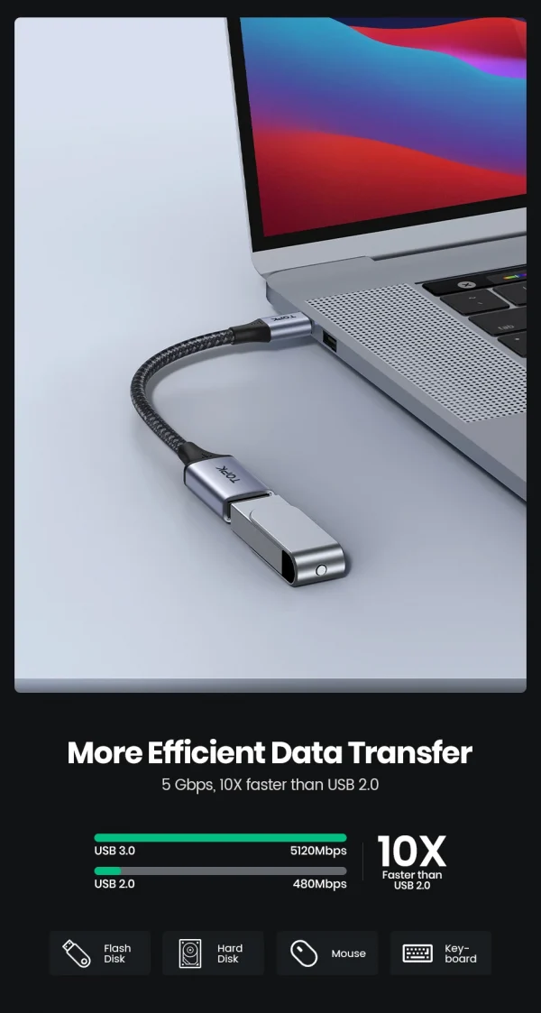 TOPK USB C إلى USB A Dapter OTG كابل نوع C ذكر إلى USB 3.0 2.0 أنثى كابل لمحول ماك بوك برو سامسونج نوع C