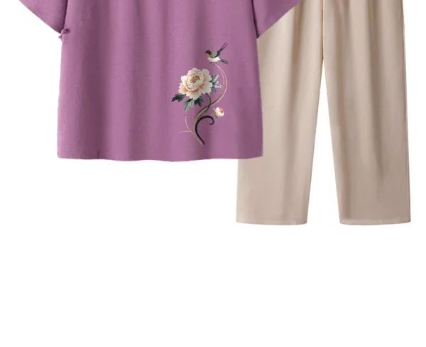 عادية الأزهار طباعة قصيرة الأكمام رقيقة أمي مجموعة الصيف فضفاض تي شيرت الجدة الملابس قطعتين دعوى البوليستر دنة مزيج