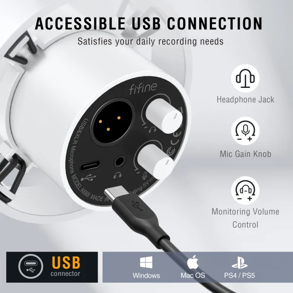 ميكروفون FIFINE للتسجيل XLR الديناميكي مع مراقبة في الوقت الفعلي، ميكروفون بث USB مع مقبض كسب/كتم صوت يعمل باللمس للكمبيوتر الشخصي، Mixer-K688