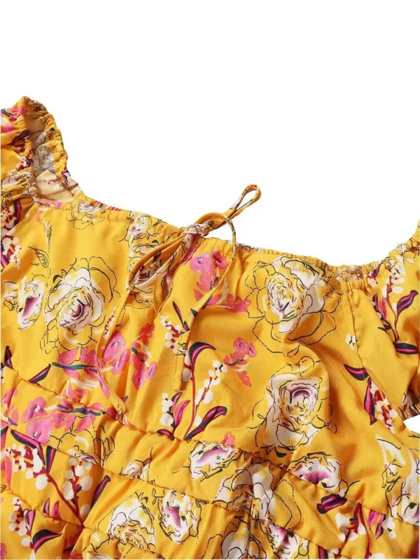 فستان نسائي طويل مقاس كبير مزين بالزهور، مرن بخصر عالٍ، فضفاض، رقبة مربعة، وأكمام منتفخة، فستان غير رسمي مناسب لجميع المواسم