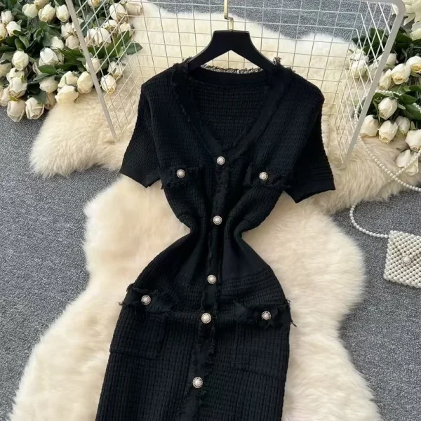 فستان نسائي أنيق مخطط برقبة على شكل حرف V صيفي بأكمام قصيرة ومتماسك بشرابة فساتين ضيقة للنساء