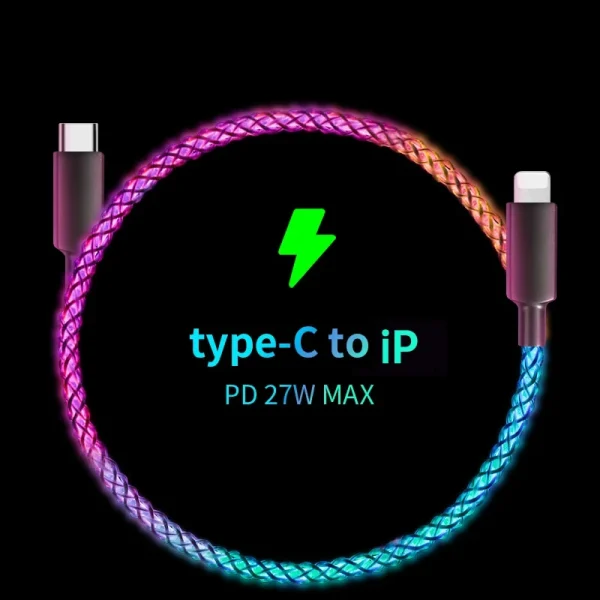 Fast Charging RGB Cable 100W Breathing Light 66W Type C USB C Data Cable for iPhone Samsung Huawei 30W Quick Charge for Xiaomi