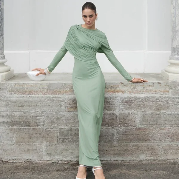 فستان طويل مثير مكشكش بأكمام طويلة للنساء لخريف وشتاء جديد غير منتظم بياقة دائرية وخصر عالٍ فستان حفلات للنوادي للسيدات