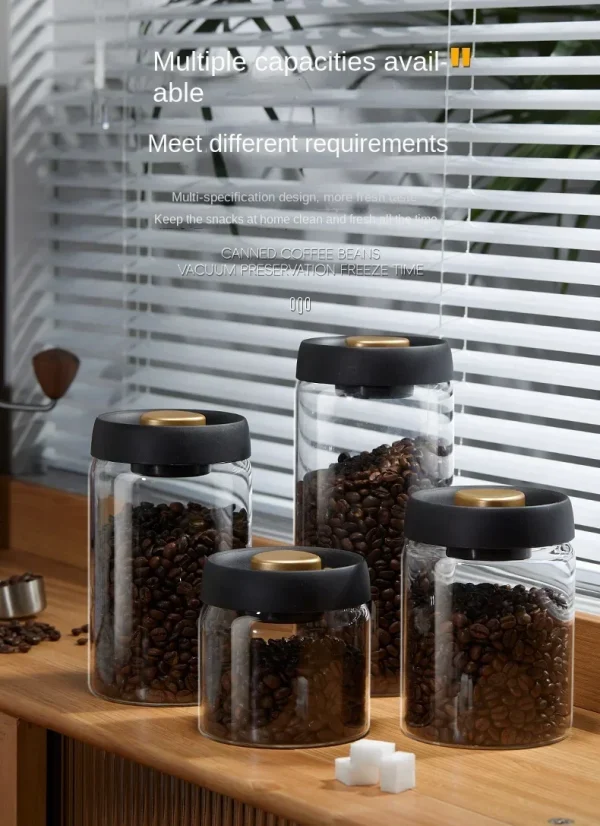وعاء قهوة بغطاء أسود متعدد السعة، وعاء تخزين يدوي مقاوم للرطوبة، إبريق شاي زجاجي للمطبخ، وعاء تخزين حبوب القهوة، جرة محكمة الغلق