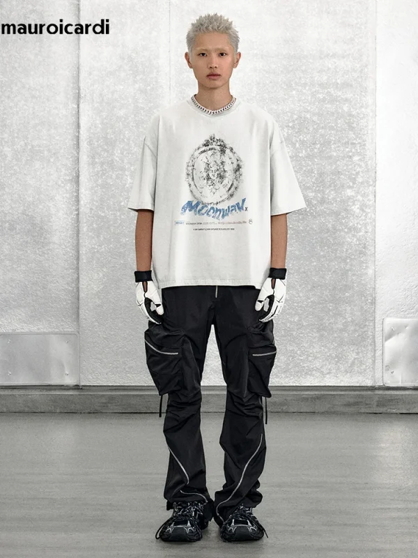 Mauroicardi ربيع الخريف السراويل البضائع السوداء الرائعة للرجال مع جيوب كبيرة طويلة زيبر الفاخرة مصمم الملابس السراويل موضة 2023