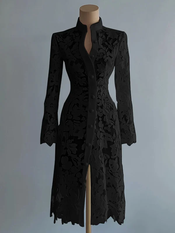 المرأة الأزهار تفريغ الدانتيل فستان أنيق الصلبة واحدة الصدر الياقة المدورة الخريف طويلة الأكمام سترة أبلى فساتين متوسطة الطول