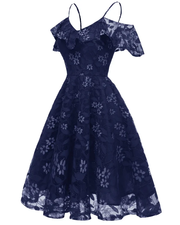 فستان نسائي صيفي أنيق بكشكش من الدانتيل المزهر باللون الواحد، كتف مكشوف، للأجازات، بأكمام كشكش، فساتين سهرة وحفلات