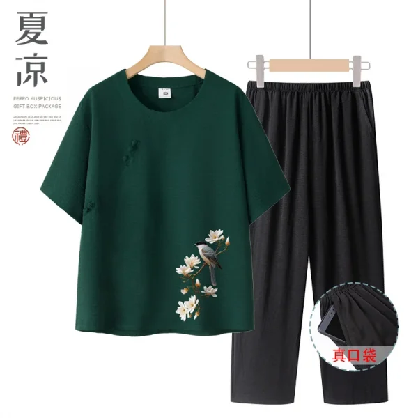 طقم حريمي صيفي بأكمام قصيرة من القطن والحرير على طراز الجدة ملابس نسائية غير رسمية ملابس منزلية قميص أمي ملابس خارجية زر طباعة الأزهار...