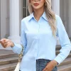 قمصان نسائية ربيعية خريفية بلون صلب بأكمام طويلة وياقة قابلة للطي قميص أساسي للنساء بلوزات شارع أنيقة