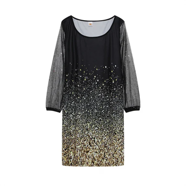 فستان نسائي من الشاش بتصميم ربيعي جديد موديل 2024 برقبة دائرية مزين بالترتر ومنظور