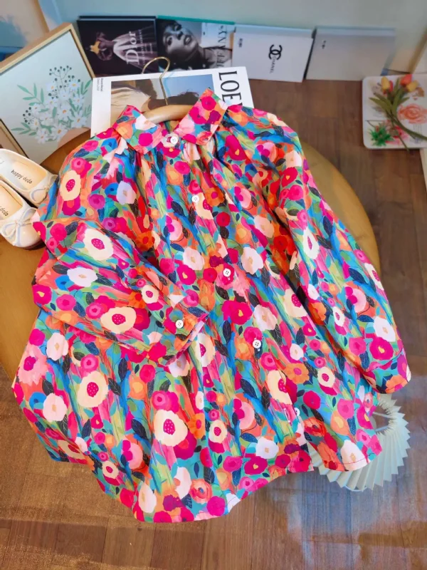 فستان للفتيات للربيع والصيف من عمر 2-8 سنوات بطباعة كاملة على شكل زهرة ورسم زيتي على شكل طية صدر السترة فستان الأميرة بصدر واحد للفتيات