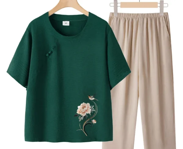عادية الأزهار طباعة قصيرة الأكمام رقيقة أمي مجموعة الصيف فضفاض تي شيرت الجدة الملابس قطعتين دعوى البوليستر دنة مزيج