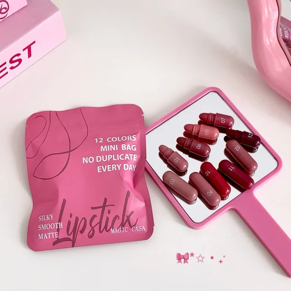 مجموعة مرطب الشفاه ماجيك كازا المكونة من 12 لونًا غير لامع، تدوم طويلاً ولا تبهت، هدية مثالية للنساء، مثالية لمهرجانات المكياج