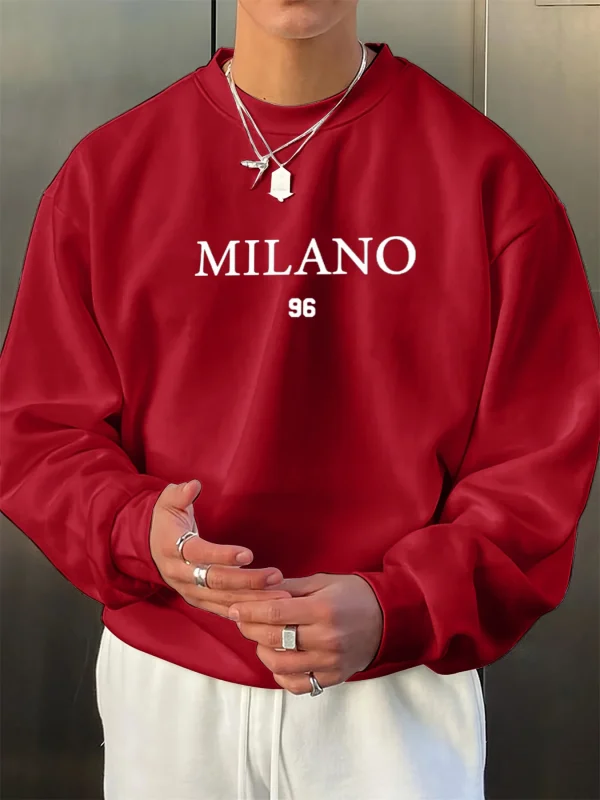 بلوفر رجالي خريفي وشتوي مخملي سميك دافئ وعصري فضفاض ميلانو 96 مطبوع برقبة دائرية وأكمام طويلة