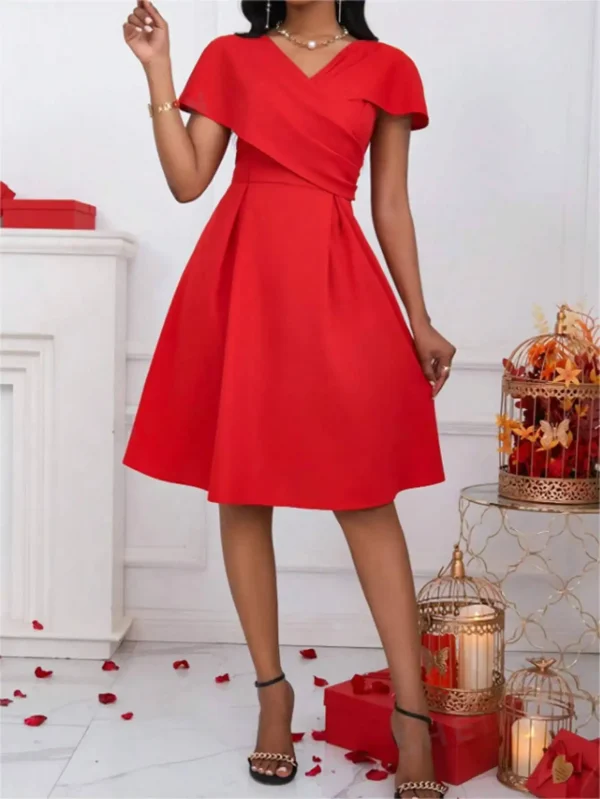 فستان ميدي لربيع وصيف للنساء أحمر بياقة على شكل V وأكمام ملفوفة من الأمام على شكل حرف a أنيق وأنيق للحفلات