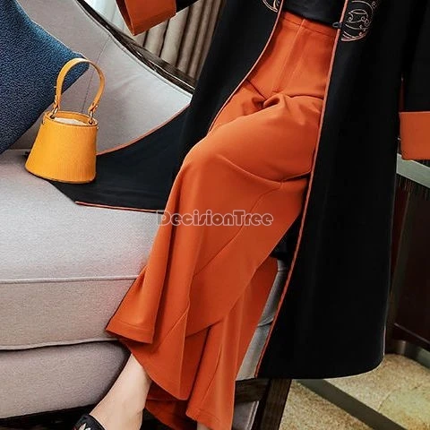 النمط الوطني الصيني تانغ دعوى زر الوقوف طوق السراويل واسعة الساق قطعتين مجموعة معطف طويل مجموعة عادية الإناث تانغ خندق معطف
