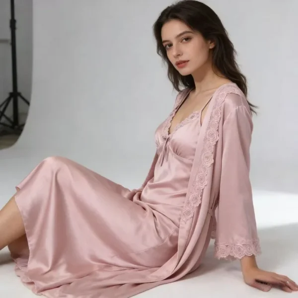 2 قطعة منامة الإناث مجموعة رقيقة السلس المنزل منامة الدانتيل رداء النوم دعوى الخامس الرقبة ملابس نوم الزفاف ملابس نوم ورداء