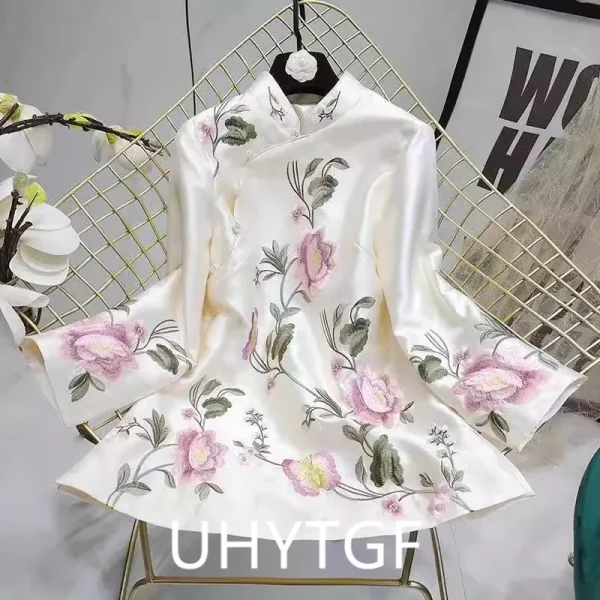 ربيع الخريف العرقية نمط تانغ دعوى معطف الرجعية التطريز زر الصينية أعلى المرأة بلوزة أنيقة فضفاضة الصينية أعلى 3126