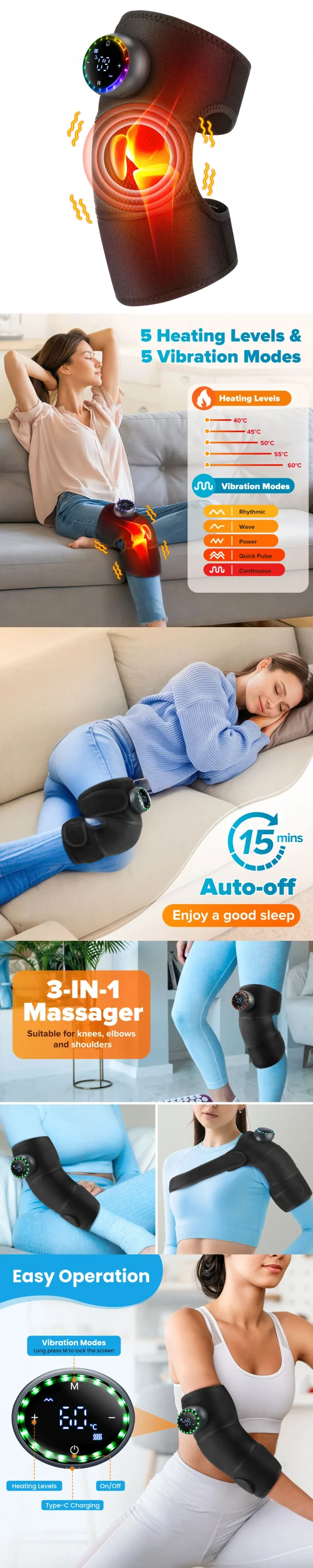 تسخين كهربائي الاهتزاز ضمادة تدليك الركبة 3 في 1 مدلك للكتف الكوع الساخن ضغط الحرارية المشتركة هدفين استرخاء العضلات