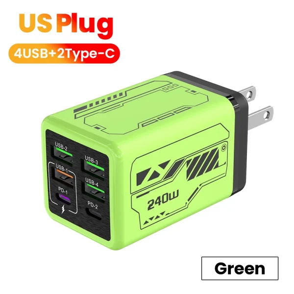 240 واط 6 منافذ 4USB + 2 نوع C شحن سريع للغاية شاحن الهاتف المحمول USB3.0 PD3.0 الاتحاد الأوروبي/المملكة المتحدة/الولايات المتحدة شاحن آيفون 17 16 سامسونج POCO