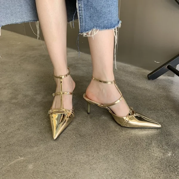Eilyken Spring New Gold Silver Pumps Women Fashion Pointed Ladies Elegant Thin High Heel Hollow Out Dress Sandalias De Mujer