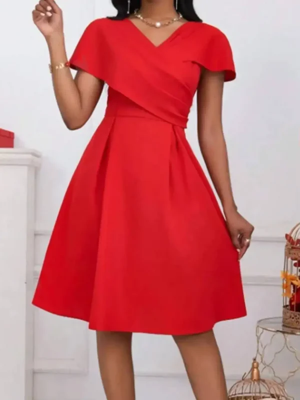 فستان ميدي لربيع وصيف للنساء أحمر بياقة على شكل V وأكمام ملفوفة من الأمام على شكل حرف a أنيق وأنيق للحفلات