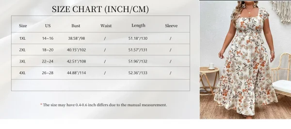 فستان نسائي طويل مقاس كبير مزين بالزهور، مرن بخصر عالٍ، فضفاض، رقبة مربعة، وأكمام منتفخة، فستان غير رسمي مناسب لجميع المواسم