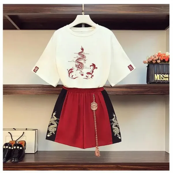 2025 جديد اليابانية Harajuku المحملة القمم النمط الصيني تانغ دعوى المرأة تي شيرت غير رسمي واسعة الساق الكونغ فو فستان أطفال مع سروال داخلي الملابس الشرقية