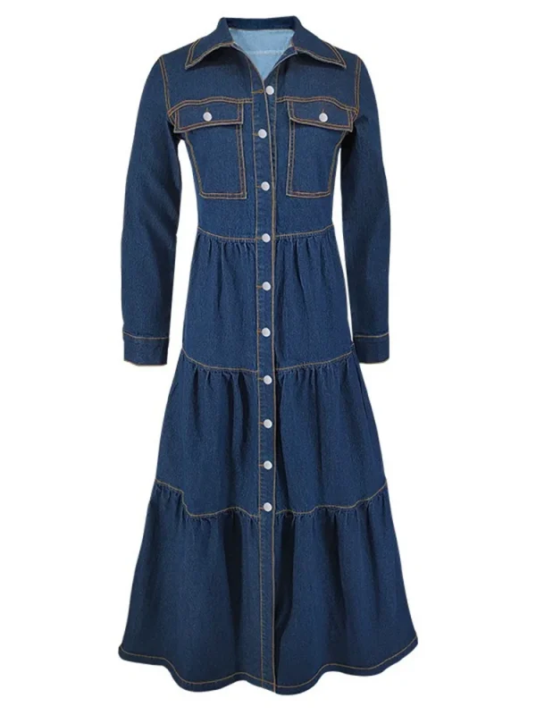 Wmstar فستان الدنيم المرأة عادية زر سترة طويلة الأكمام فساتين موضة ملابس الشارع الشهير ملابس الربيع الجديدة بالجملة دروبشيبينغ