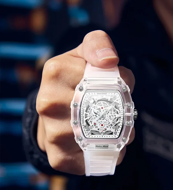 UTHAI BK134 ساعة رجالية عصرية على شكل برميل شفافة مقاومة للماء ساعة كوارتز ساعة رياضية ساعات هدية للرجل