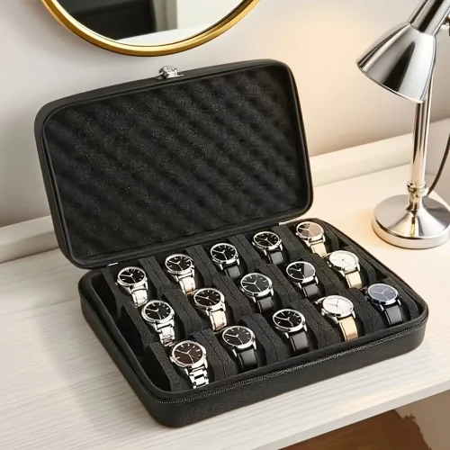 صندوق تخزين الساعات المتقدم، صندوق تخزين الساعات 15 فتحة للبطاقات، صندوق تخزين المجوهرات المحمول، خزانة العرض، مناسب للمنزل