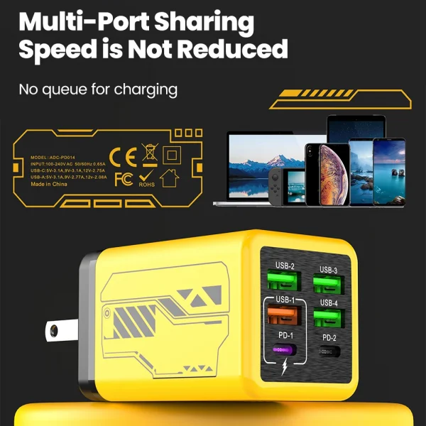 240 واط 6 منافذ 4USB + 2 نوع C شحن سريع للغاية شاحن الهاتف المحمول USB3.0 PD3.0 الاتحاد الأوروبي/المملكة المتحدة/الولايات المتحدة شاحن آيفون 17 16 سامسونج POCO