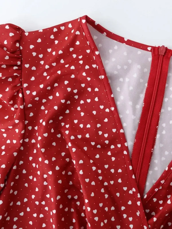 فستان ميدي ربيع وصيف للنساء باللون بورجوندي بنقاط البولكا، بأكمام ثلاثة أرباع، وياقة على شكل V، بقصة A، أنيق وكاجوال، فستان يومي وحفلات