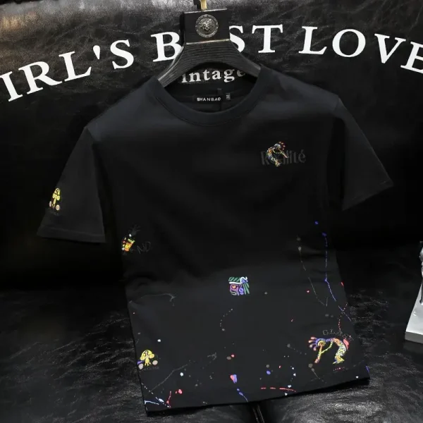 العصرية العلامة التجارية سبلاش الحبر التطريز المطبوعة قصيرة الأكمام تي شيرت 2024 الصيف نمط جديد ضوء الفاخرة الرجال قميص