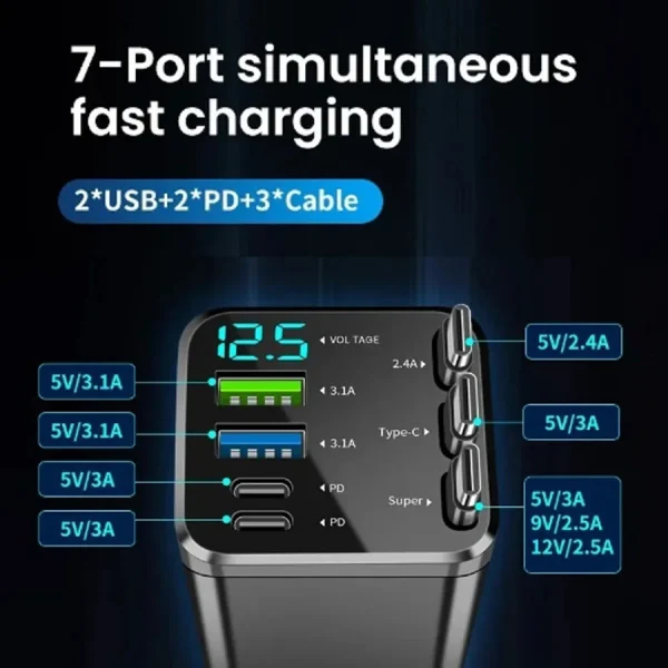 شاحن سيارة 150 واط PD30W محول ولاعة سجائر السيارة عرض الجهد مع كابل قابل للسحب شاحن سريع 22.5 واط لنظام IOS وأندرويد