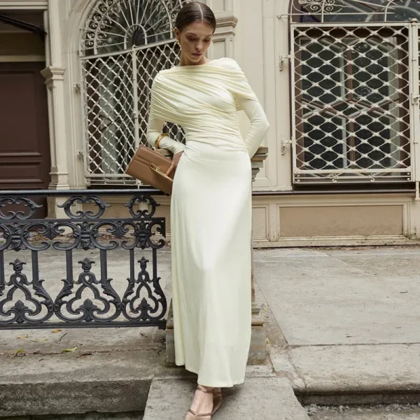 فستان طويل مثير مكشكش بأكمام طويلة للنساء لخريف وشتاء جديد غير منتظم بياقة دائرية وخصر عالٍ فستان حفلات للنوادي للسيدات