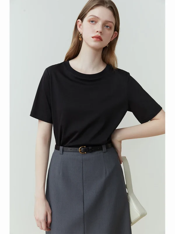 FSLE 100% قطن قصير الأكمام تي شيرت المرأة لربيع وصيف 2023 جديد رقبة مستديرة مستقيم أبيض أسود للنساء