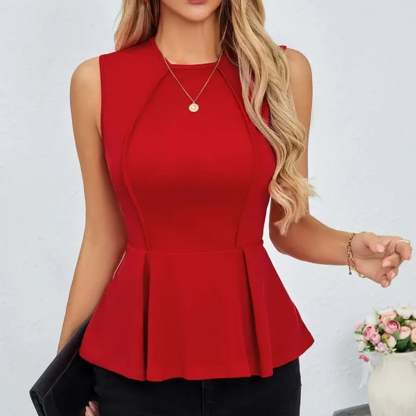 بلوزة نسائية بدون أكمام باللون الأحمر ورقبة دائرية وحاشية بيبلوم بقصة ضيقة للربيع والصيف أنيقة وعصرية ومناسبة للمواعدة اليومية