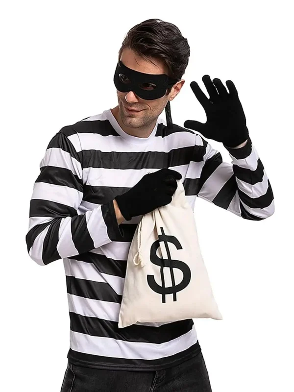 زي تنكري للبالغين لصائدي اللصوص لعيد الهالوين قميص مخطط بأكمام طويلة حقيبة قماشية قفازات قناع للعين قبعة محبوكة للحفلة